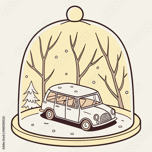 Vector art of vintage car in snow globe vector illustration for christmas holiday decoration, gift, and new year celebration