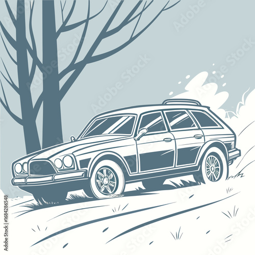 Vector art of vintage station wagon driving on a snowy road, surrounded by trees, showcasing classic automotive design and winter adventure