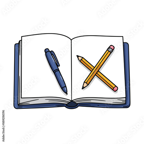 An open book with a pen and two pencils on its pages