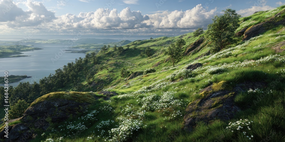 Fototapeta premium Serene Hillside Landscape: Breathtaking View of Lake and Rolling Hills