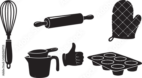 Vector art of baking tools and ingredients for cooking