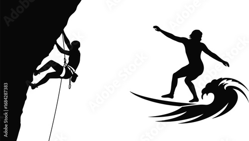 Silhouette of rock climber scaling cliff with safety rope and surfer riding powerful ocean wave, extreme sports, adventure, outdoor fitness.