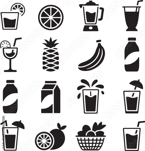 Assortment of fresh fruit drinks and ingredients icons on white juice smoothie