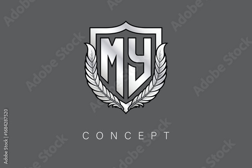 MY Creative Initial Letter Logo with Shield and Laurel Wreath Silver Metallic Branding Emblem on Gray Background.