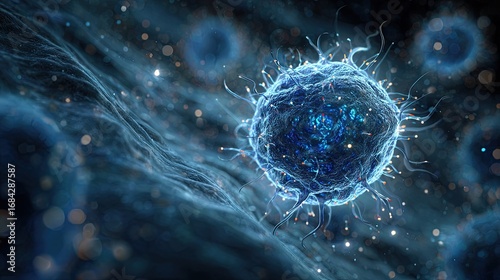 A stylized representation of a virus, featuring intricate blue details and a dark, blurred background, highlighting the microscopic world.