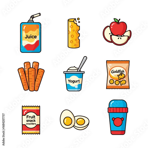 Kids Lunch Snacks Vector Icon Set.