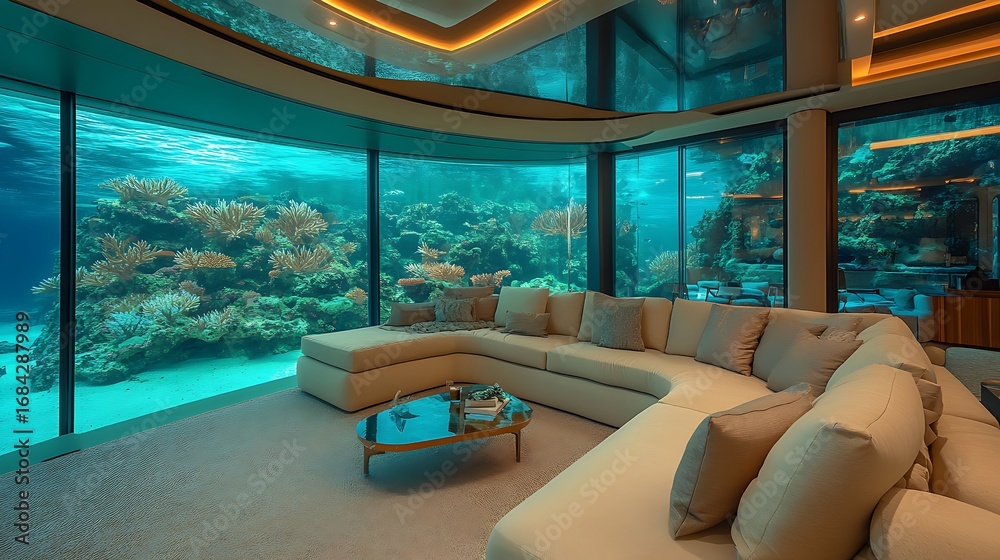 Fototapeta premium Luxurious underwater living room with coral reef views and comfortable seating area