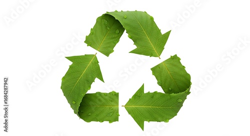 Recycling Symbol Made of Green Leaves on White Background