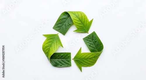 Recycling Symbol Made of Green Leaves on White Background