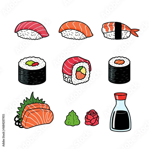 Sushi Set Japanese Food Vector.