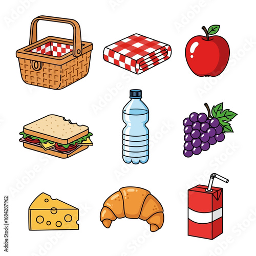 Picnic food items on white background.