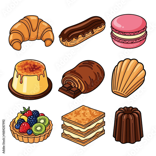 French Pastries Set Delicious Dessert Icons.