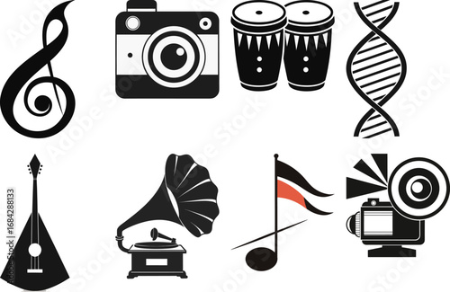 A Collection of Artistic Icons Celebrating the Arts and Sciences Depicting Music, Photography, and the Building Blocks of Life