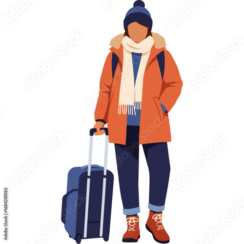 Portrait of a traveler in winter clothes: This emphasizes winter clothes and a portrait of a traveler. It is ideal for a holiday travel guide, magazine, or social media post.
