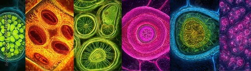 A vibrant, colorful abstract representation of cellular structures, showcasing intricate details and patterns in a visually stunning manner.