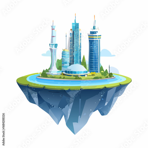 Experience the breathtaking vista of a futuristic floating island city, a vibrant metropolis of soaring skyscrapers and lush greenery, symbolizing innovation and progress.