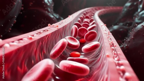 Blood flowing through a blood vessel with red blood cells moving naturally in medical animation