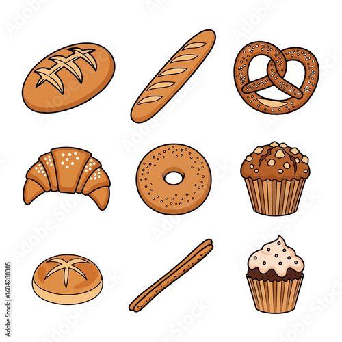 Baked goods vector with bread, pastries, and on white.