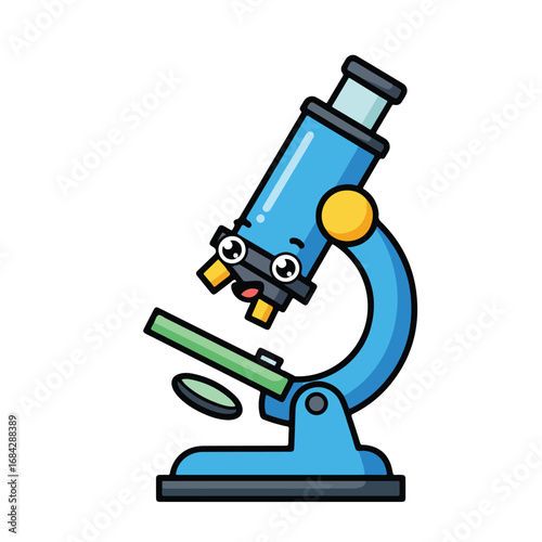 Cute cartoon microscope with a face on a white background