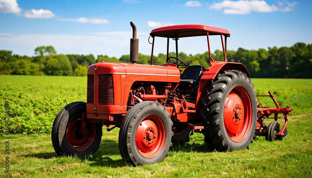 Obraz premium Red tractor in a green field under a blue sky