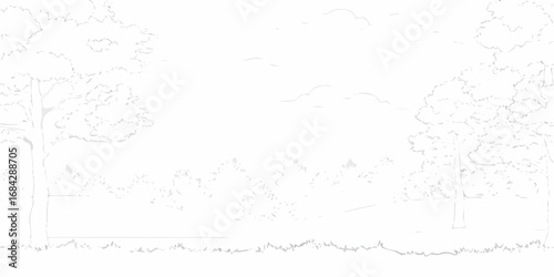 Simple line drawing of a serene landscape with trees bushes grass and clouds in a minimalist style