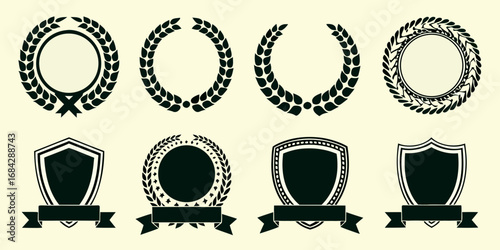 Collection of laurel wreaths and shields with ribbons for awards and recognition