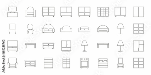 Collection of simple line art icons representing various furniture pieces for home decor and interior design