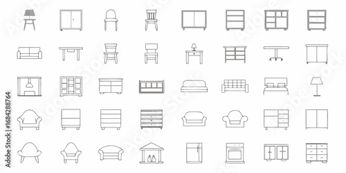 Collection of simple outline icons representing various furniture pieces for home decor and interior design