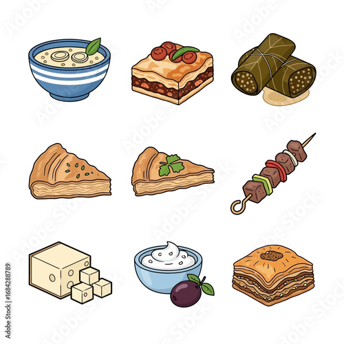 Greek Food Icons with Cuisine Dishes, and Isolated Set.