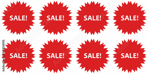 Eight red starburst sale stickers with white text saying sale