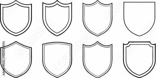 Collection of eight different shield shapes and styles with outlines and subtle shading on white background