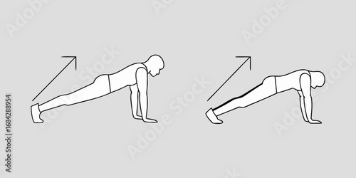 Illustration of a person performing a plank exercise with an upward arrow indicating movement or progression