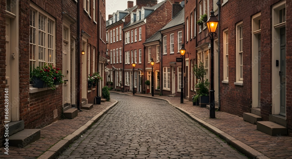 Fototapeta premium Historic neighborhood with cobblestone streets, old architecture, charming alleys, and cultural heritage atmosphere, representing tradition, tourism, and timeless beauty.