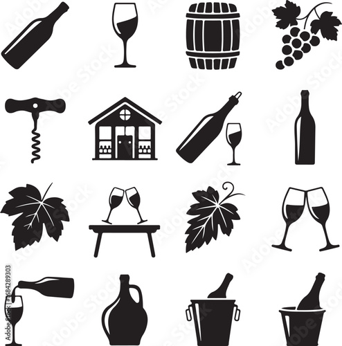 Assortment of wine related icons and illustrations on white background wine bottle wine glass