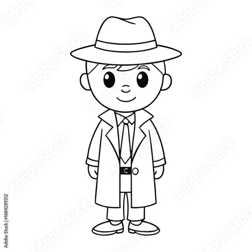 A cartoon-cute-detective coloring page featuring a playful sleuth with a magnifying glass, hat, and coat, ready to solve mysteries with charm and fun details to color.
