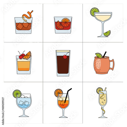 Cocktail Illustration Set Line Art.