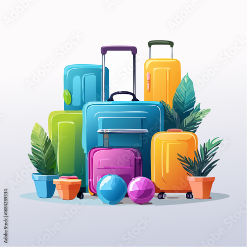 Vibrant luggage collection ready for adventure, featuring colorful suitcases, plants, and spheres, evoking excitement for travel and exploration.