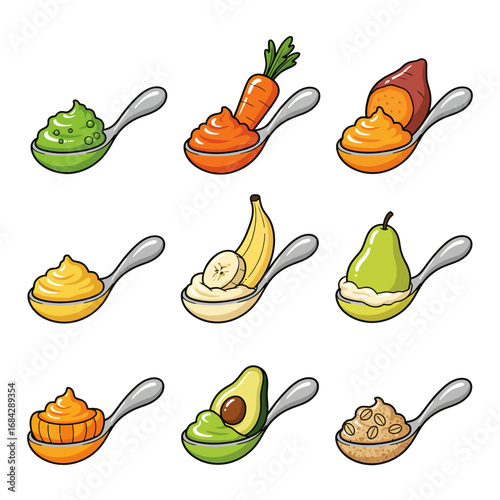 Baby food spoons with fruits, vegetables, and puree.