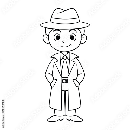 A cartoon-cute-detective coloring page featuring a playful sleuth with a magnifying glass, hat, and coat, ready to solve mysteries with charm and fun details to color.

