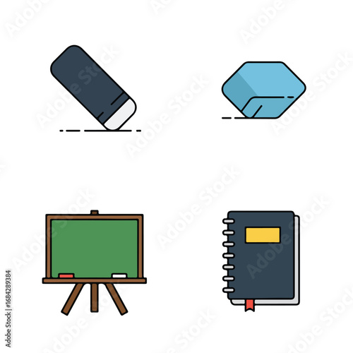 Four flat icons of school supplies on a white background