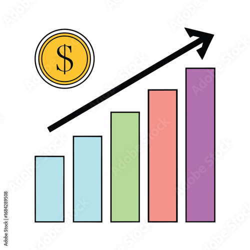 Visual representation of financial growth and increasing profits shown by a rising bar graph with a gold dollar coin and an upward trending arrow indicating success