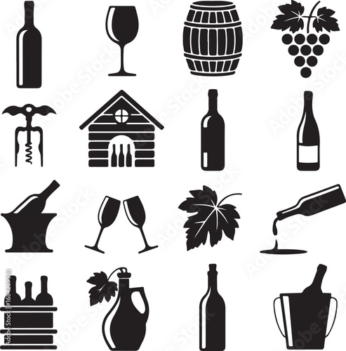 Assortment of wine related icons and illustrations on white background wine bottle wine glass