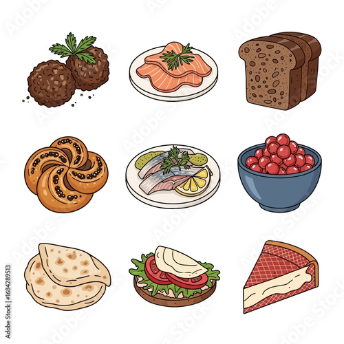 Swedish Cuisine Icons Set with Nordic Food Doodles.