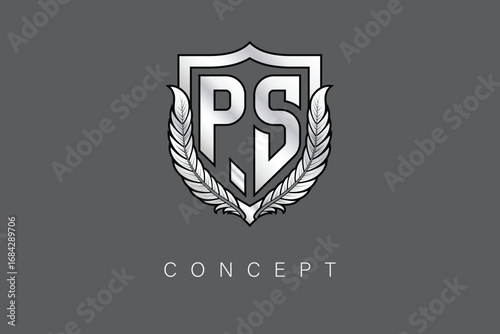 PS Creative Initial Letter Logo with Shield and Laurel Wreath Silver Metallic Branding Emblem on Gray Background.