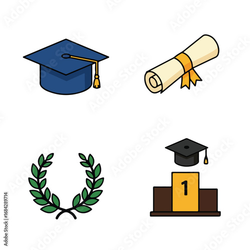 Four graduationthemed icons a cap a diploma a laurel wreath and a podium