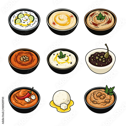 Middle Eastern Dips Set with vector, and food.