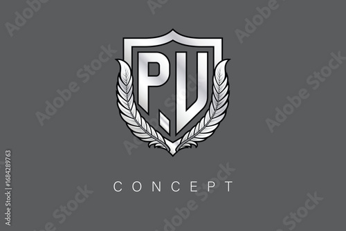 PU Creative Initial Letter Logo with Shield and Laurel Wreath Silver Metallic Branding Emblem on Gray Background.