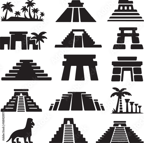 Collection of silhouette icons featuring ancient structures and tropical island pyramid stonehenge