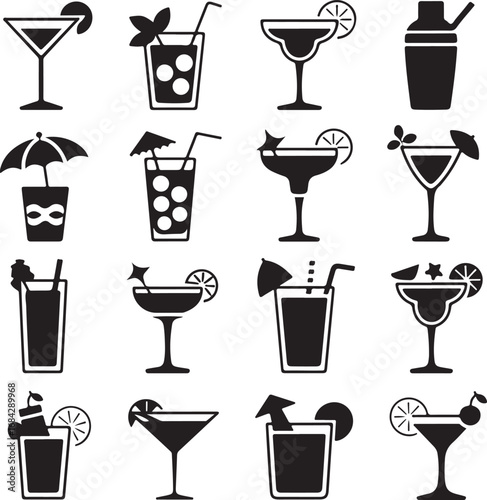 Assortment of stylized cocktail drinks and bar accessories icons with garnishes beverage alcohol