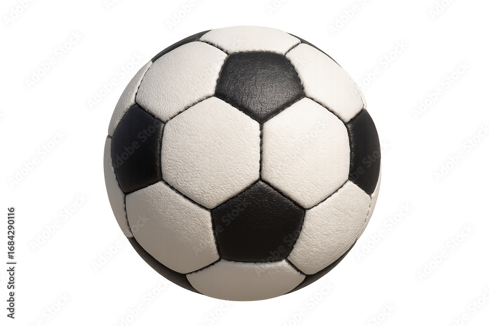 Fototapeta premium Traditional black and white soccer ball with a hexagonal pattern, isolated on a transparent background, highlighting its iconic design